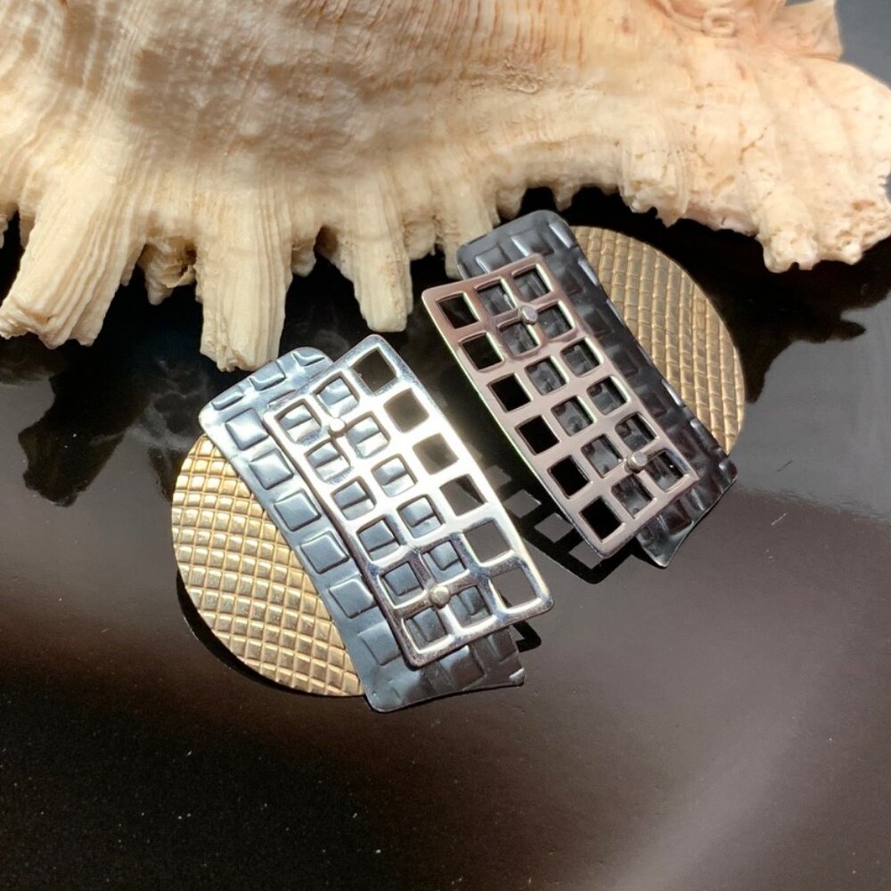 Edelstein Modernist Tri Color Metal Sterling Silver Pierced Vintage Earrings